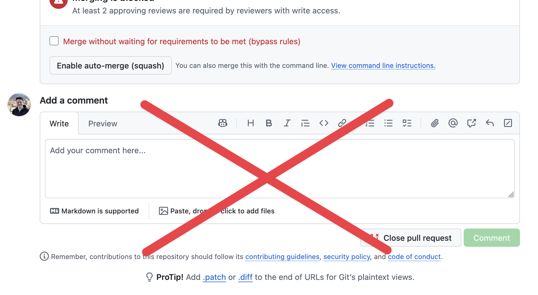 Ne pas utiliser la boîte générale "Ajouter un commentaire" dans GitHub